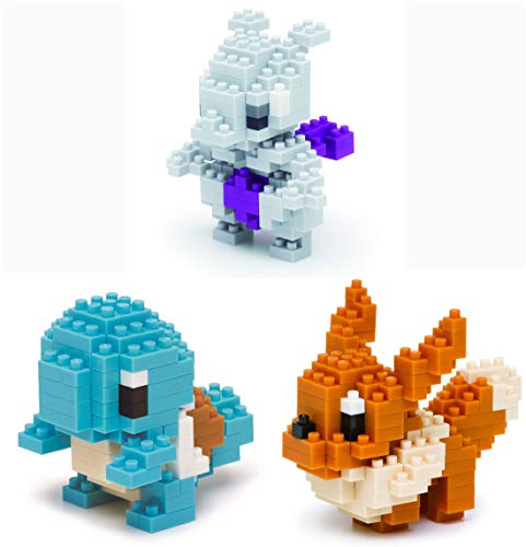 Nanoblock - 3 Sets Bundle - Squirtle (Zenigame), Mewtwo und Eevee (Eievui) - Einstellbare Pokemon Charaktere (Japan Import) von nanoblock