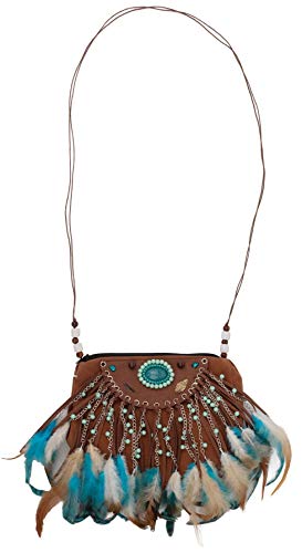 narrenkiste O48216 braun-türkis Damen Indianertasche mit Federn Damentasche von narrenkiste