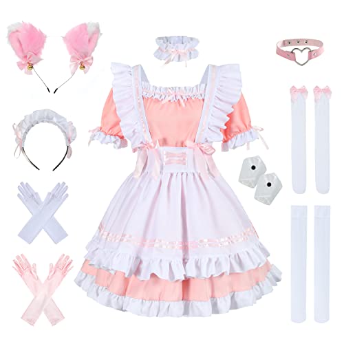 nbe - Niedliches Anime Französisch Dienstmädchenkleid mit 12-TLG. Kuchengarnitur, Herz-Choker-Kostüm zum Cosplay, Katzenohr-Handschuhe-Socken-Set (2X-Large,Pink) von nbe