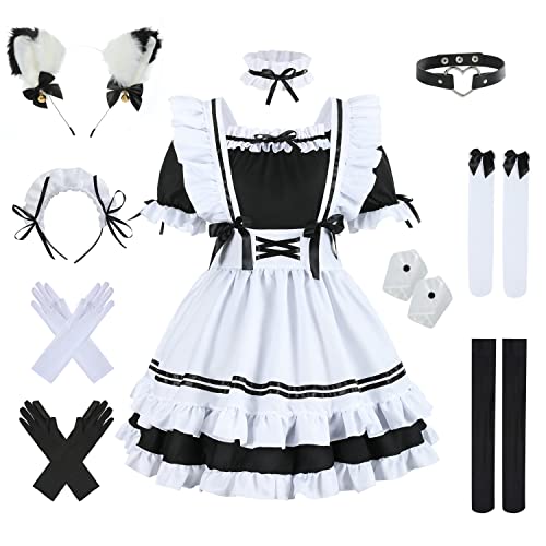 nbe - Niedliches Anime Französisch Dienstmädchenkleid mit 12-TLG. Kuchengarnitur, Herz-Choker-Kostüm zum Cosplay, Katzenohr-Handschuhe-Socken-Set (3X-Large,Black) von nbe