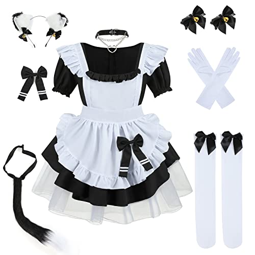 nbe Stilvolles Lolita-Kleid mit französischem Dienstmädchen-Cosplay und niedlichen Fuchs-Ohren-Schleifen 8-teiliges Set für Halloween-Costümvorführungen (3X-Large,Black) von nbe