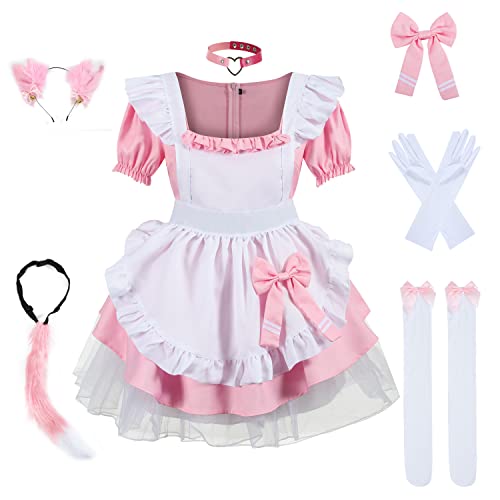 nbe Stilvolles Lolita-Kleid mit französischem Dienstmädchen-Cosplay und niedlichen Fuchs-Ohren-Schleifen 8-teiliges Set für Halloween-Costümvorführungen (X-Large,Pink) von nbe