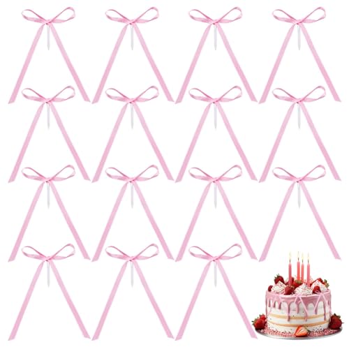 NBEADS 16 Stück Kuchendekoration Mit Rosa Schleife, 17x12cm Schleife Kuchendekorationen Vintage Kuchen Topper Elegante Themen Rosa Schleife Für Geburtstagsparty Kuchendekorationen von nbeads