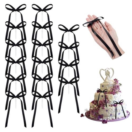 NBEADS 16 Stück Schwarze Schleifenband Kuchendekoration, Dekorative Cupcake Topper Mit Schleife Und Acrylstäben Für Kuchenzubehör Geburtstags Hochzeits Und Abschlussfeier Dekorationen 17×12cm von nbeads
