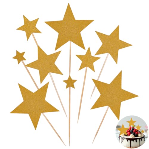 NBEADS 24 Set Mit 10 Schachteln Stern Cupcake Topper, Goldener Stern Gemischte Größe Cupcake Picks Glitzer Cupcake Pickern Für Kuchendekorationen Geburtstagsparty Hochzeit Verlobung, 12.8x13.2x0.03cm von nbeads