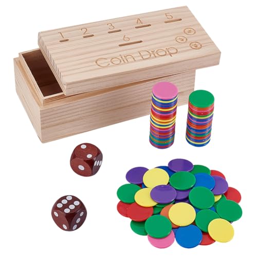 nbeads Münzwurfspiel Set Aus Holz, Inklusive 2 Würfel 100 Acryl Spielsteine 6 Slot Kiefernhalter Geschicklichkeitsbasiertes Penny Toss Spiel Für Familienfeiern Trinkspiele Oder Hand Augen Training von nbeads