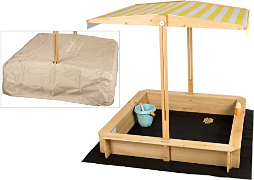 needs&wants® Sandkasten mit Dach Sitzbank und Boden Vlies-Folie, mit Abdeckung Oxford 600D, Sandkiste Holz rechteckig mit Bänken Outdoor Garten Kinder UV-Sonnenschutz, 113x113x113 cm, gelb weiß braun von needs&wants