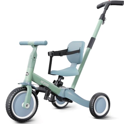 newyoo 5 in 1 Dreirad, Laufrad ab 1 Jahr mit Schubstange für Kinder ab 1, 2, 3 Jahre, Kinder Dreirad mit Abnehmbaren Pedale und Verstellbarer Sitz,Grün von newyoo