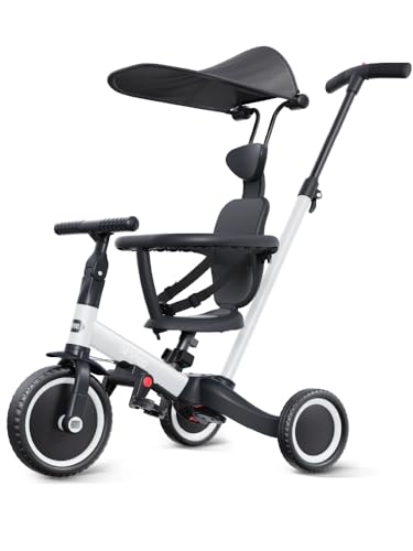 newyoo 6 in 1 Dreirad für Kleinkinder 1-3 Jahre, Laufrad mit Schubstange, Geburtstags Spielzeug für Jungen und Mädchen, Baby-Dreirad mit Sonnendach, TR009, weiß von newyoo