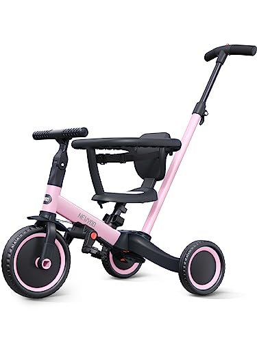 newyoo 5-in-1-Dreiräder für 1–3-Jährige, Baby-Laufrad für Jungen und Mädchen, Kleinkind-Fahrrad mit Schiebegriff für Eltern, Sicherheitsschutz, Rückenlehne und Sicherheitsgurt,Rosa von newyoo