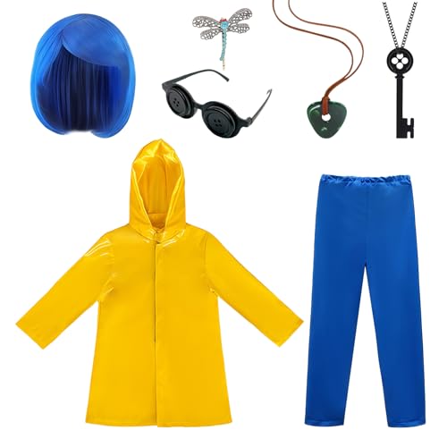 Coraline Kostüm für Kinder, gelber Regenmantel und Hose, blaue Perücke, Knopf, Brille, Schlüsselschmuck, Nacklace, Halloween, Cosplay, Outfit (M) von nezababy