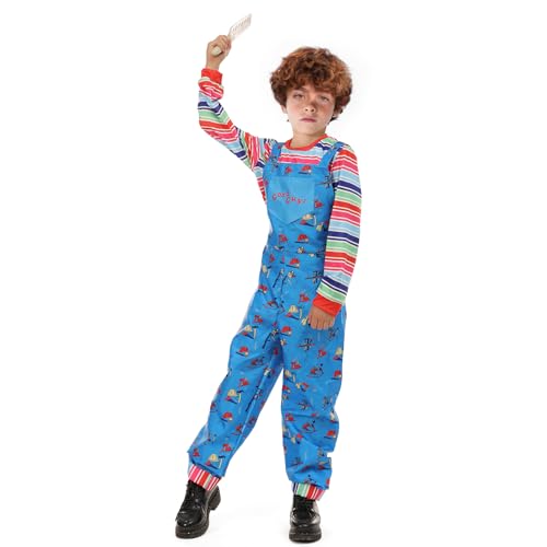 nezababy Chucky Kostüm Kinder Chuckie Kostüm Gestreifter Chucky Overall Gruseliger Killer Overall Regenbogen Hosenträgerkleid Halloween von nezababy