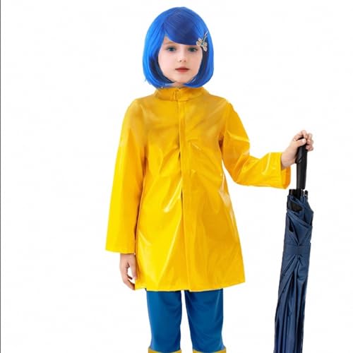 nezababy Coraline Kostüm Kinder Yellow Rain Coat And Pants Blue Wig Button Glasses Key Jewellery Nacklace Halloween Cosplay Outfit (Gelbe, L(125-135 cm)) von nezababy