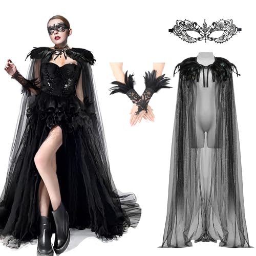 nezababy Federkragen Schwarzer Umhang Fede TüLl Umhang Feder Cape PhöNix Rabe Black Swan KostüM Halloween Maleficent KostüM Damen (Schwarzer) von nezababy