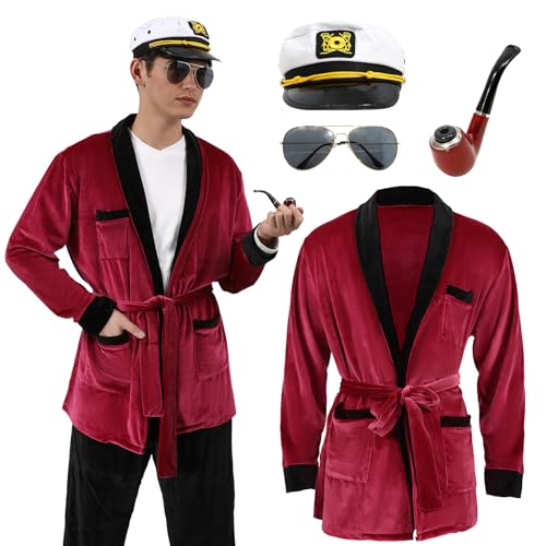 nezababy Hefner Herren-Kostüm, roter Samt, Robe, Jacke, Kapitänshut, Pfeife, Sonnenbrille, Zubehör, Halloween, Cosplay, für Erwachsene, Rot/Ausflug, einfarbig (Getaway Solids), XL/2XL von nezababy