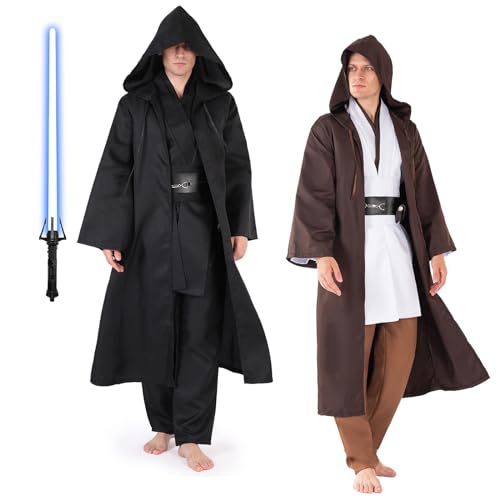 nezababy Jedi Costume Luke Skywalker Costume Knight Costume Master Tunic Outfits Hooded Robe Uniform Halloween Cosplay Costume for Mens von nezababy