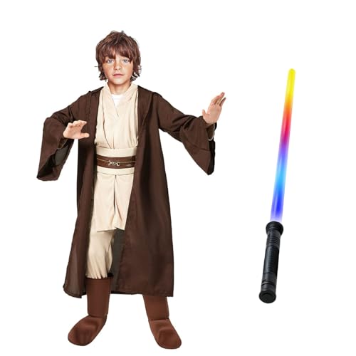 nezababy Jedi Kostüm with 7 Farben Laserschwert Luke Skywalker Kostüm Rollenspiel Meister Umhang Tunika Umhang mit Kapuze Outfits Halloween Cosplay Kostüm für Jungen (Jedi Kostüm+Laserschwert, L) von nezababy