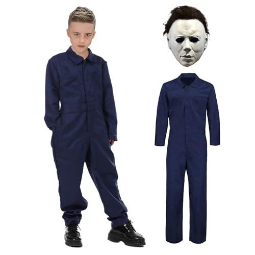nezababy Jungen Michael Myers Kostüm Maske Gruseliger Killer Blauer Overall Outfits Horror Rollenspiel Mörder Overall Halloween Erwachsene Komplettset Anzüge von nezababy