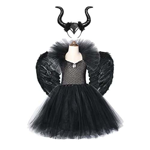 nezababy Maleficent Kostüm für Mädchen mit Hexenhörnern Flügeln Böser Königin Tutu Kleid Halloween Teufel Kopfbedeckung Vampir Outfit Partygeschenke von nezababy