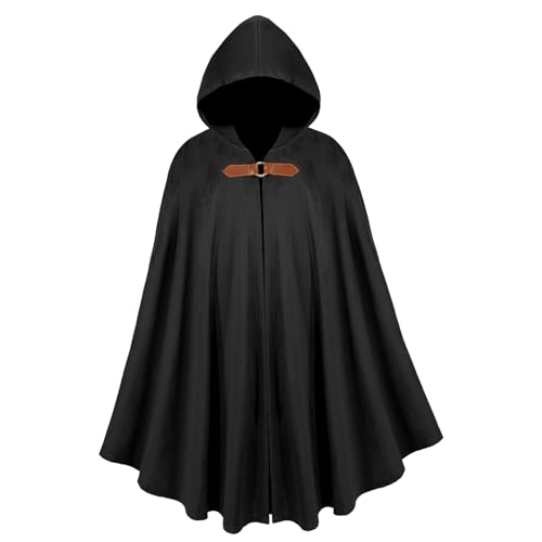 nezababy Mittelalter Umhang Mit Kapuze Renaissance Hobb Umhang Wikinger Kleidung Halloween Zauberer Ritter KostüM Herren Damen (Schwarz) von nezababy