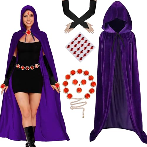 nezababy Rabenkostüm Titans Samt Rabenumhang Lila Umhang Roter Edelstein Gürtel Handschuhe Halloween Karneval Anime Cosplay Outfit (M(150cm)) von nezababy