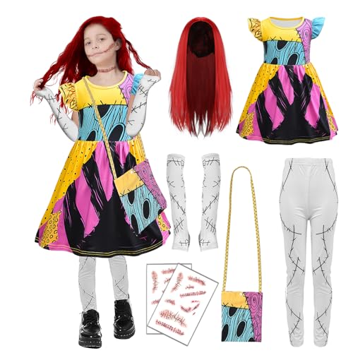nezababy Sally Kostüm für Kinder, Sally Halloween-Kostüm, Sally-Kleid mit Perückenärmeln, Leggings, Tasche, Weihnachten, Nalbtraum-Outfit (7–8 Jahre) von nezababy