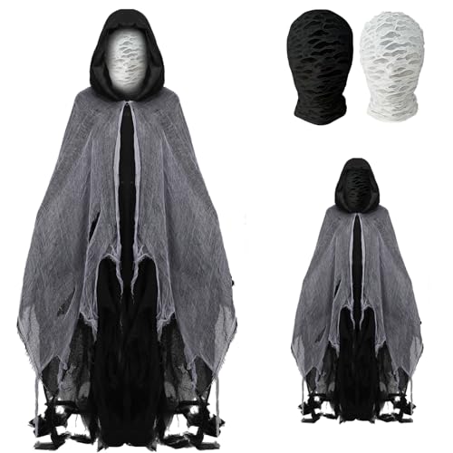 nezababy Sensenmann Kostüm Erwachsene Schwarzer Umhang Mit Kapuze Gespenst Kostüm Horror Kostüm Damen Halloween Outfit Herren Gruselig (3pc, Onesize) von nezababy