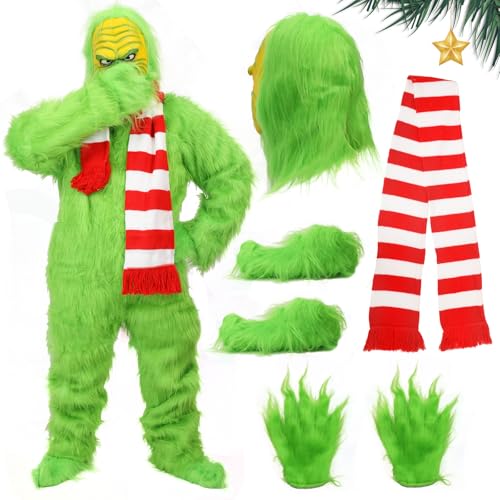 nezababy Weihnachtskostüm Grüner Onesie Weihnachtskostüm für Erwachsene Monstermaske Weihnachtsmannkostüm Cosplay Männer Weihnachtsgeschenke (5PCS Weihnachtsmann Kostüm Kinder, Mittel) von nezababy