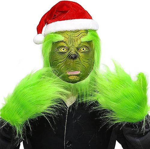 nezababy Weihnachtsmaske mit Weihnachtsmütze, Monster Handschuhe, Latex-Maske, Christmas Kostüm Zubehör, Party Requisiten von nezababy