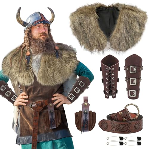 nezababy Wikinger-Kostüm, Wikinger-Kostüm, Kunstfell-Schal, Gürtel, Armschienen, Mittelalter-Krieger, Outfit, Renaissance-Fee, Halloween, Cosplay, Verkleidung (braun) von nezababy