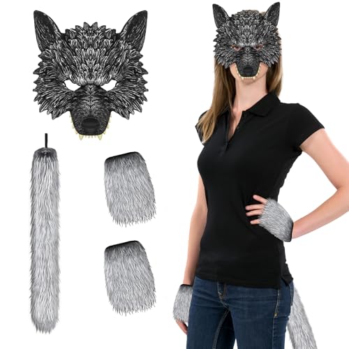 nezababy Wolfsmaske Wolf Maske Mit Therian Tail und Handschuhen Tiermasken Wolf KostüM Werewolf Costume Halloween KarnevalkostüM (Grau) von nezababy