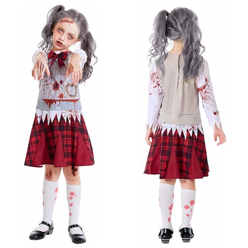 nezababy Zombie KostüM Kinder MäDchen Blut Schuluniform Cheerleader Outfit Horror Halloween Costume KarnevalkostüM Gruselig (Rot, Small) von nezababy