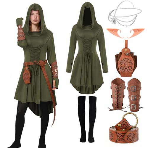 nezababycos 7-teiliges mittelalterliches Feenkostüm für Damen, Renaissance, Elfe, Kapuzenkleid, Lederarmtasche, Gürtel, Halloween, Cosplay, Outfit (grün, klein) von nezababycos
