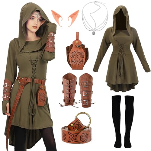 nezababycos 7-teiliges mittelalterliches Feenkostüm für Damen, Renaissance, Elfe, mit Kapuze, Leder, Armtasche, Gürtel, Halloween, Cosplay, Outfit (Grün, L) von nezababycos