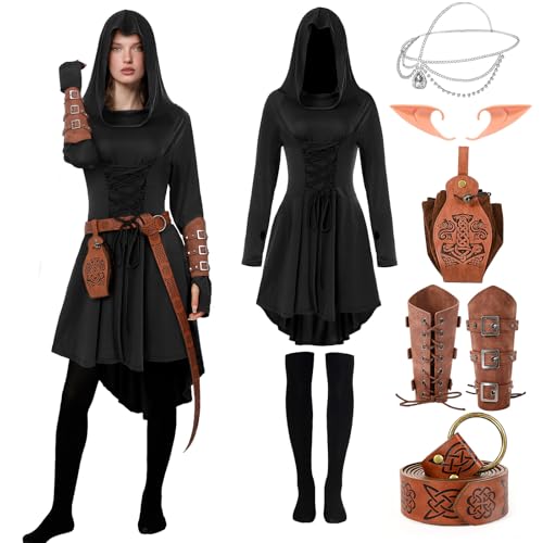 nezababycos Mittelalterliches Feenkostüm für Damen, Renaissance, Elfe, mit Kapuze, Leder, Armtasche, Gürtel, Halloween, Cosplay, Outfit (Schwarz, Größe S) von nezababycos