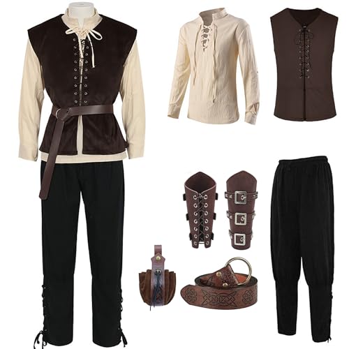 nezababycos Renaissance-Kostüm für Herren, mittelalterliches Wikinger-Kostüm, Piratenhemd, Hose, Tunika, Weste, Gürtel, Zubehör für Halloween, 7-teilig, Größe XXL nezababycos Renaissance-Kostüm für Herren, mittelalterliches Wikinger-Kostüm, Piratenhemd, Hose, Tunika, Weste, Gürtel, Zubehör für Halloween, 7-teilig, Größe XXL von nezababycos