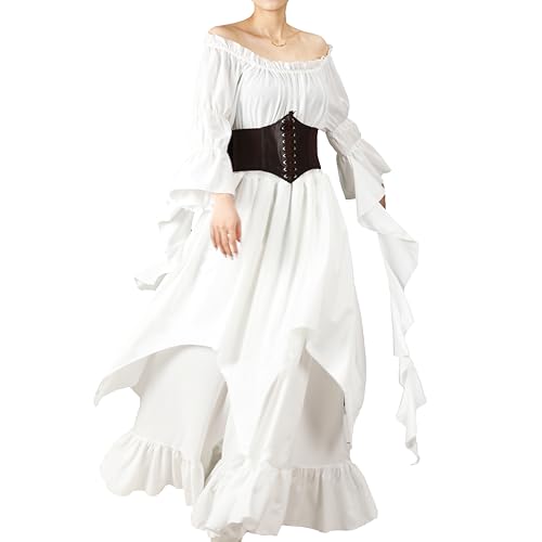 nezababycos Renaissance viktorianisches Kleid für Damen, Mittelalterliches Gothic-Kostüm, Hexen-Piraten-Chemise-Kleid, langärmelig, Hochzeitsunterkleid (Weiß, Größe L/XL) von nezababycos