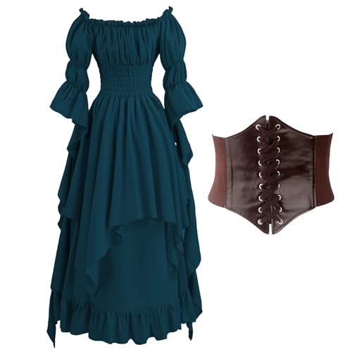 nezababycos Renaissance viktorianisches Kleid für Damen, mittelalterliches Gothic-Kostüm, Hexen-Piraten-Chemise-Kleid, langärmelig, Hochzeitsunterkleid (Blau, Größe XXL/XXXL) von nezababycos