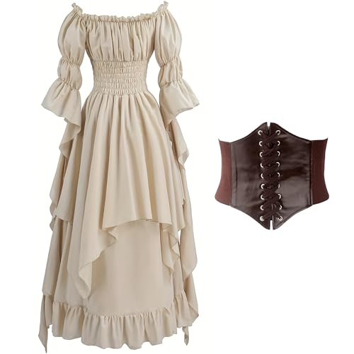 nezababycos Renaissance viktorianisches Kleid für Damen, mittelalterliches Gothic-Kostüm, Hexen-Piraten-Chemise-Kleid, langärmelig, Hochzeitsunterkleid (cremefarben, Größe 2X-Large/XXXL) von nezababycos