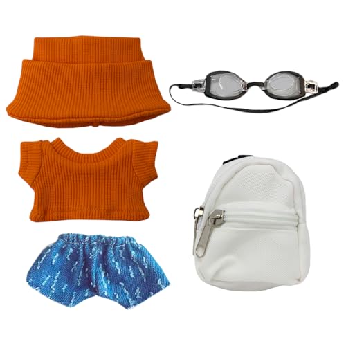 Puppenkleidung und Zubehör Set, Hut, Pullover, Jeans, Brille, Rucksack für 15-17cm Plüschpuppen (Orange) von niannyyhouse