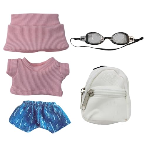 Puppenkleidung und Zubehör Set, Hut, Pullover, Jeans, Brille, Rucksack für 15-17cm Plüschpuppen (Rosa) von niannyyhouse