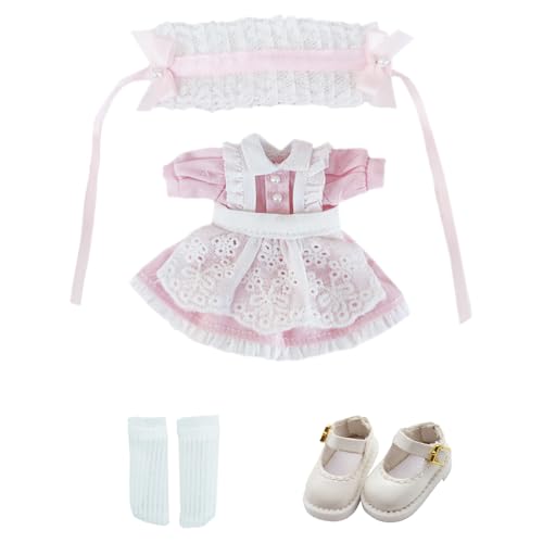 niannyyhouse 1/12 BJD Doll Clothes Headwear Dress Apron Shoes Socks Maid Outfit OB11 10.9 cm Action Figures Doll Dressup (Pink) von niannyyhouse