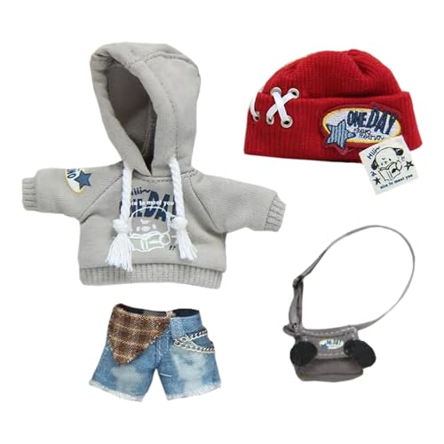 niannyyhouse 1/12 BJD OB11 Puppenkleidung Hut Hoodies Denim Shorts Rucksack Welpe Outfit Puppe Dressup (Grau) von niannyyhouse