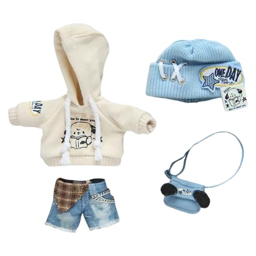 niannyyhouse 1/12 BJD OB11 Puppenkleidung Hut Hoodies Denim Shorts Rucksack Welpen Outfit Puppe Dressup (Beige) von niannyyhouse