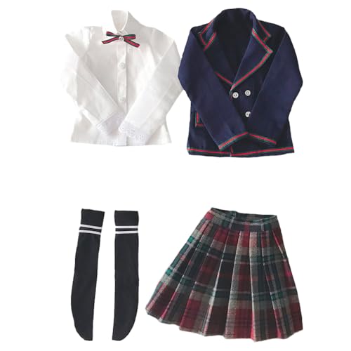 niannyyhouse 1/3 1/4 BJD Puppenkleidung Mantel Hemd Plaid Faltenrock Socken Europäische Dunkelblau Schuluniform Blazer Outfit Ball Gelenk Puppen Zubehör Dress Up Geschenk (1/4BJD-Girl) von niannyyhouse