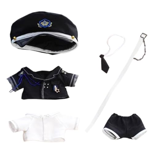 niannyyhouse 10 cm-15 cm Puppenkleidung, Hut, Mantel, Hemd, Hose, Bindegürtel, Schwarz-Weiß, Uniform-Sets, Plüschpuppenzubehör (schwarz) von niannyyhouse