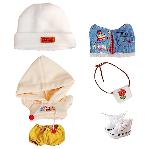 niannyyhouse 10 cm große Plüschpuppenkleidung kleine rote Blume Set Elastizität Hut Hoodie Hose Weste Rucksack Segeltuchschuhe weich gefülltes Plüschtier Dress Up (10 cm) von niannyyhouse