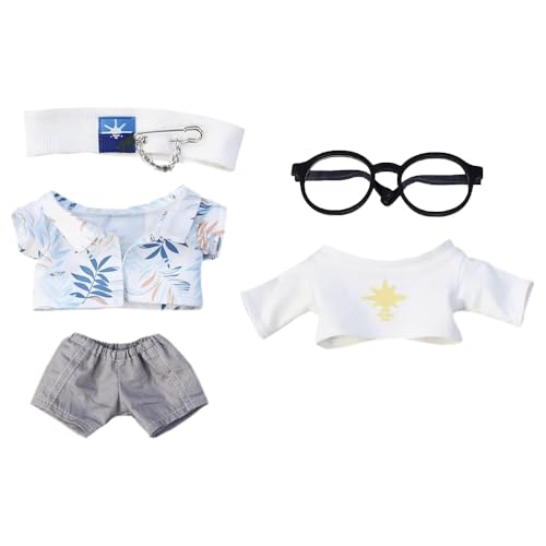 niannyyhouse 20 cm Plüschpuppenkleidung, Stirnband, Hemd, T-Shirt, Hose, Brille, cooler Anzug, 20,3 cm, Stoffpuppe Dressup (weiß + blau) von niannyyhouse