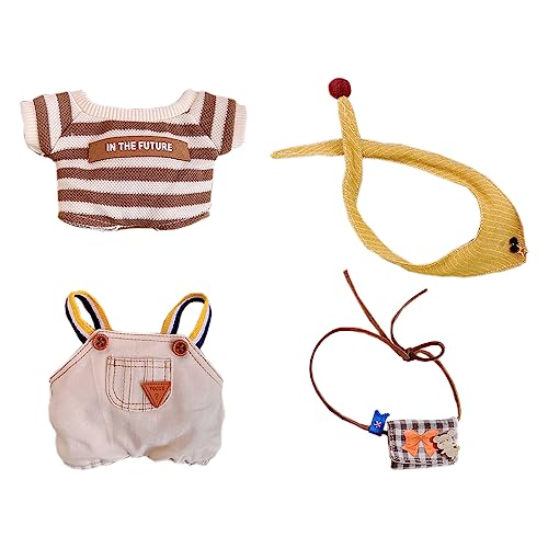 niannyyhouse 20 cm große Plüschpuppenkleidung, lose Happy Mouse Set, T-Shirt, Overall, Schal, Rucksack, weiches gefülltes Plüschtier zum Verkleiden (Beige, 20 cm) von niannyyhouse