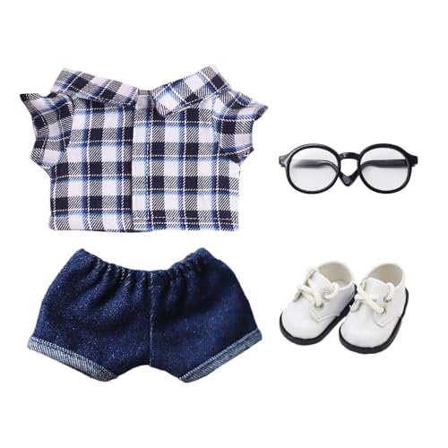niannyyhouse Einfarbiges, kariertes gestreiftes Hemd, Jeans, Brille, Lederschuhe, 10 cm, 15 cm, 20 cm, Plüschpuppenkleidung, weiches Stofftier, Verkleidungszubehör (A7–20 cm) von niannyyhouse